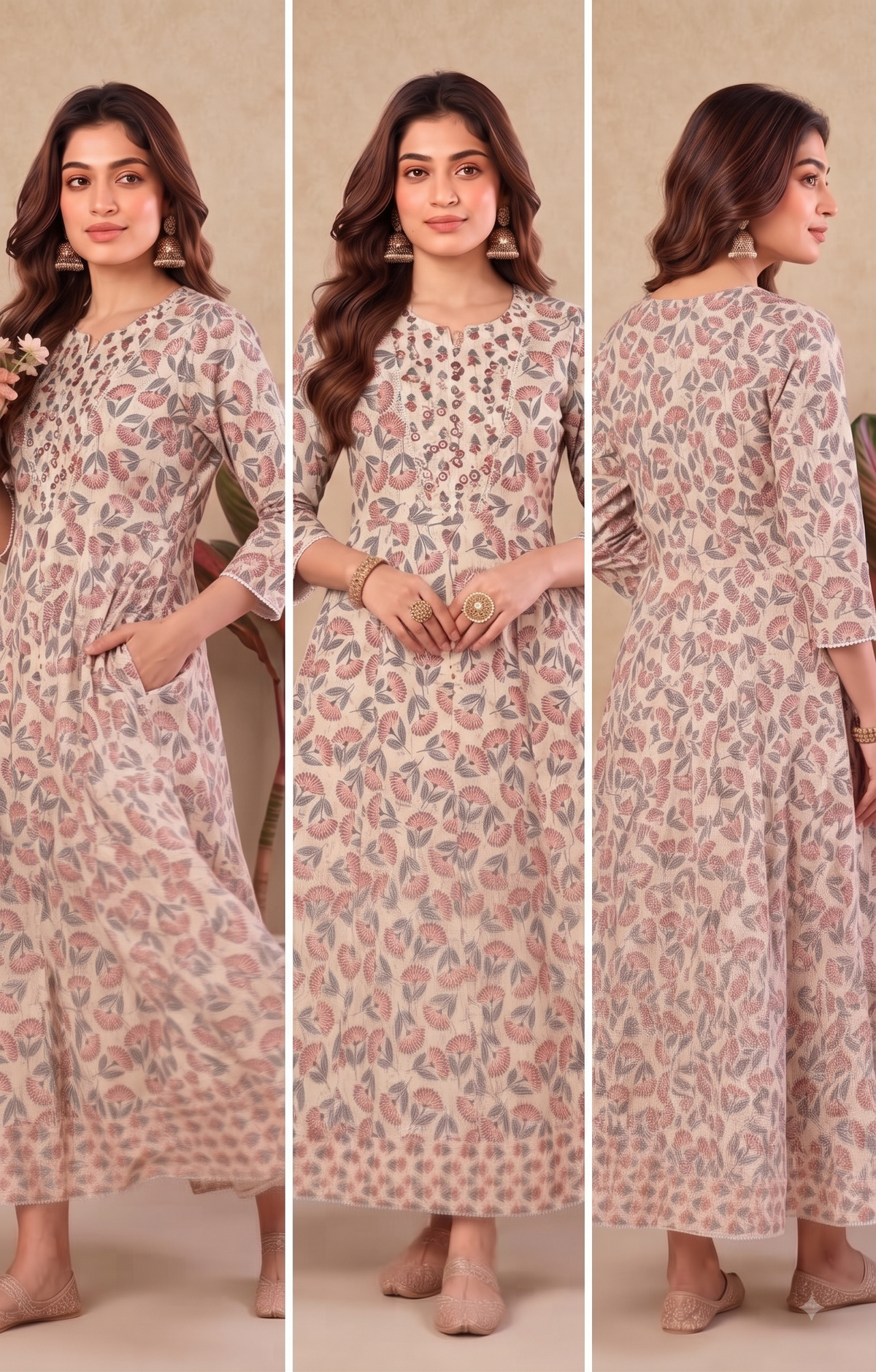 Off White round neck premium three piece kurti