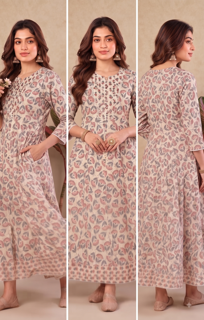 Off White round neck premium three piece kurti