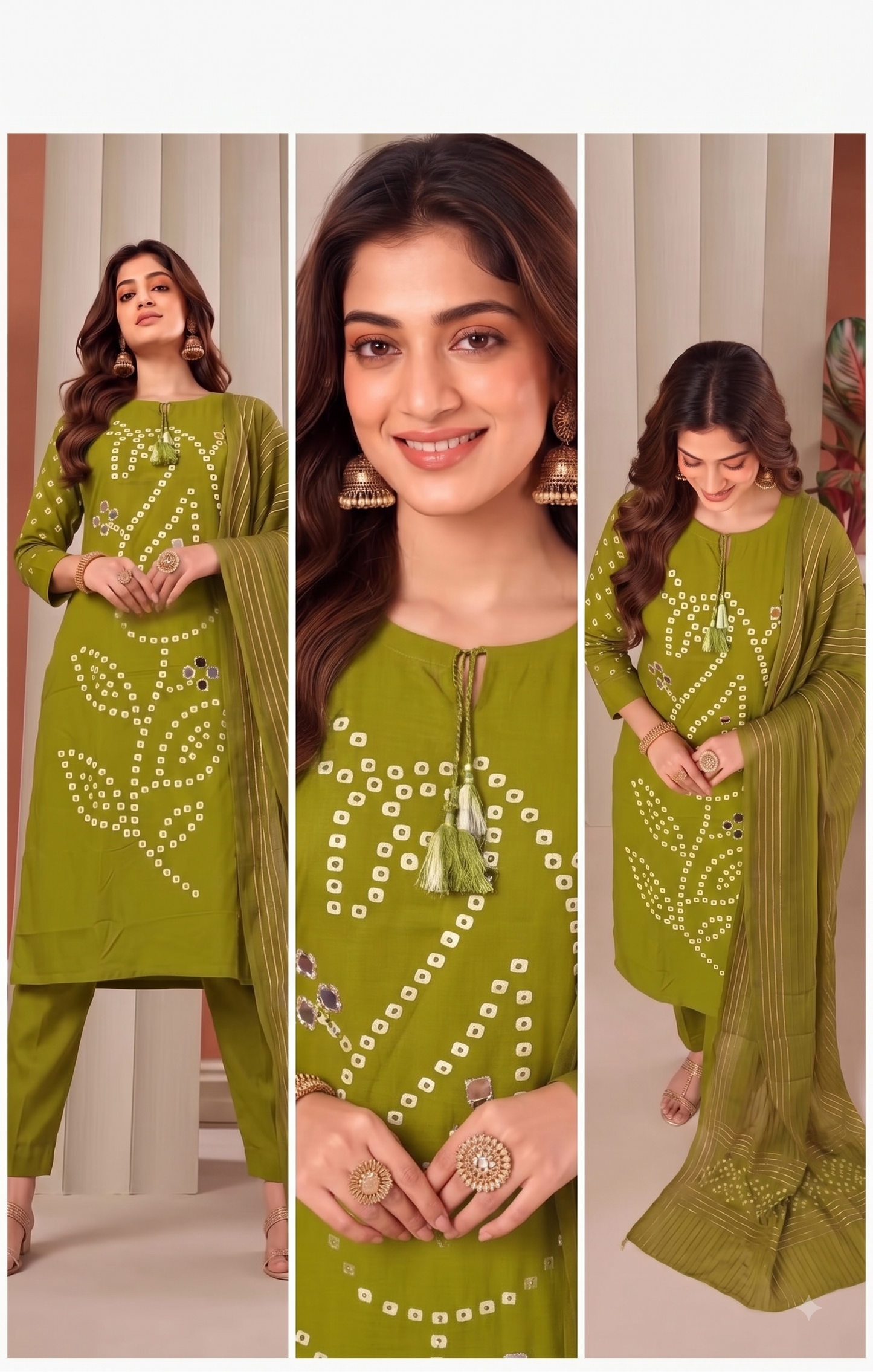 Olive Green Cotton three piece round neck kurti