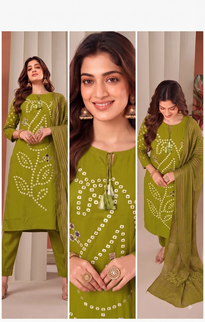 Olive Green Cotton three piece round neck kurti