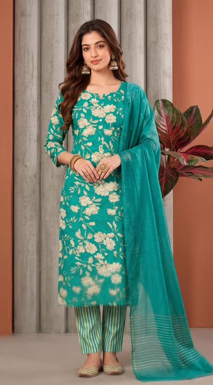 Teal blue Round neck premium three piece kurti