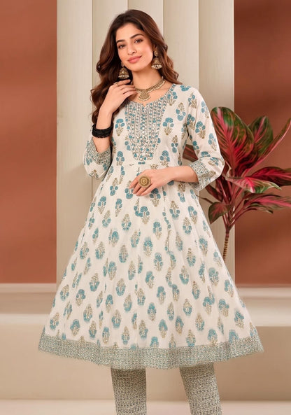 White Round Neck Premium three piece kurti