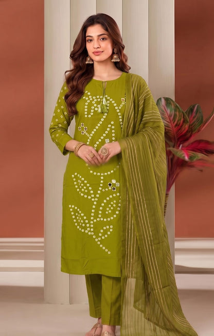 Olive Green Cotton three piece round neck kurti