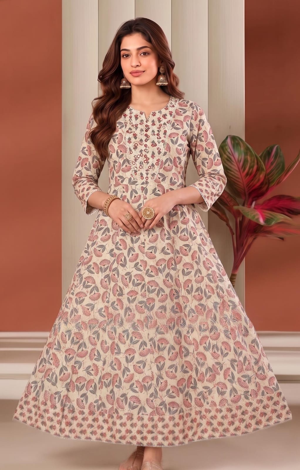 Off White round neck premium three piece kurti