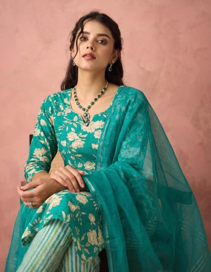 Teal blue Round neck premium three piece kurti