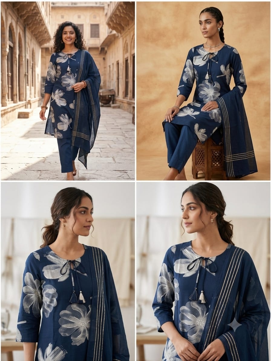 Navy Blue Three piece Keyhole Kurti