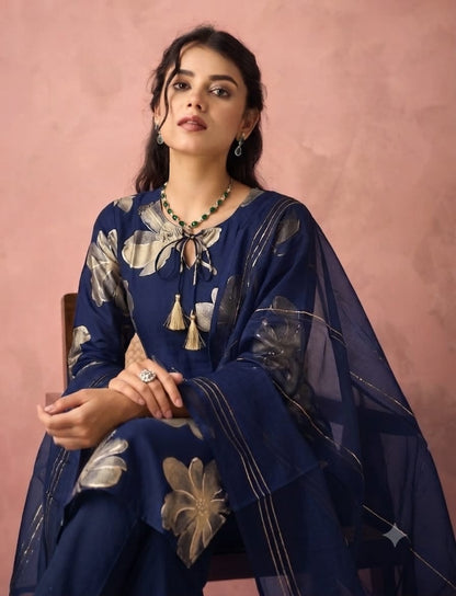 Navy Blue Three piece Keyhole Kurti