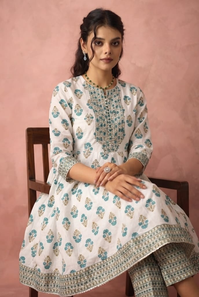 White Round Neck Premium three piece kurti